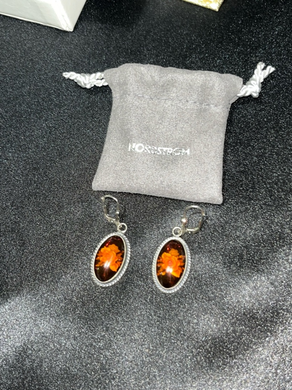 Sterling Silver & Brown & Amber Floral Oval Drop Earrings - .925